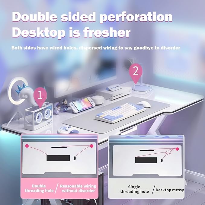 Large Gaming Desk K-Shaped PC Gaming Table for Home Office Ergonomic Computer Desk Space-Saving Easy Assembly (White 40 Inch)