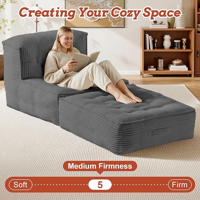 Folding Sofa Bed 5-in-1 Convertible Sleeper Reading Chair Corduroy Futon Sofa Bed Foldable Mattress with Back Support Portable Fold Out Chair Bed Comfy Floor Lounge for Living Room Bedroom