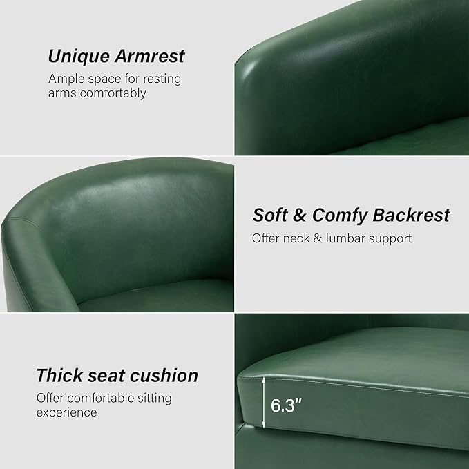 Swivel Barrel Chair Modern Round PU Leather Accent Armchair for Living Room Bedroom Oversized Comfy Club Reading Chairs for Adults (Leather Green Set of 1)