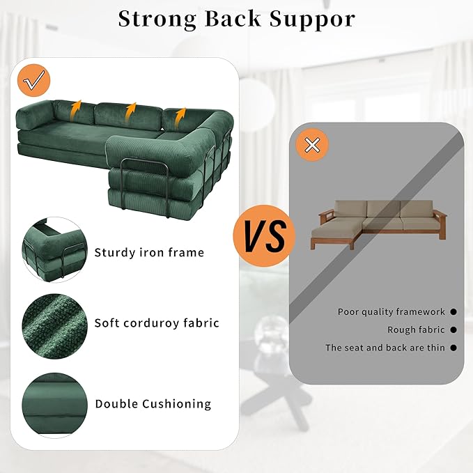116''W Modular Sofa Bed in Corduroy Fabric L Shaped Sectional Couches Modern Upholstered Couches with Iron Frame Support 4 Independent Mattresses 3 Wedge Cushions and 1 Flat Cushion (Green/22)