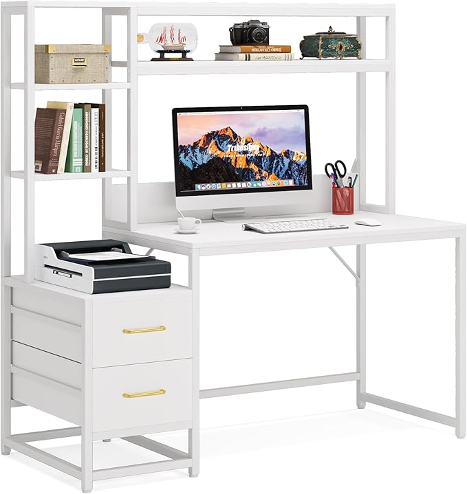 LITTLE TREE Computer Desk with Drawers and Hutch Rustic Office Desk with Storage Shelves for Home Office