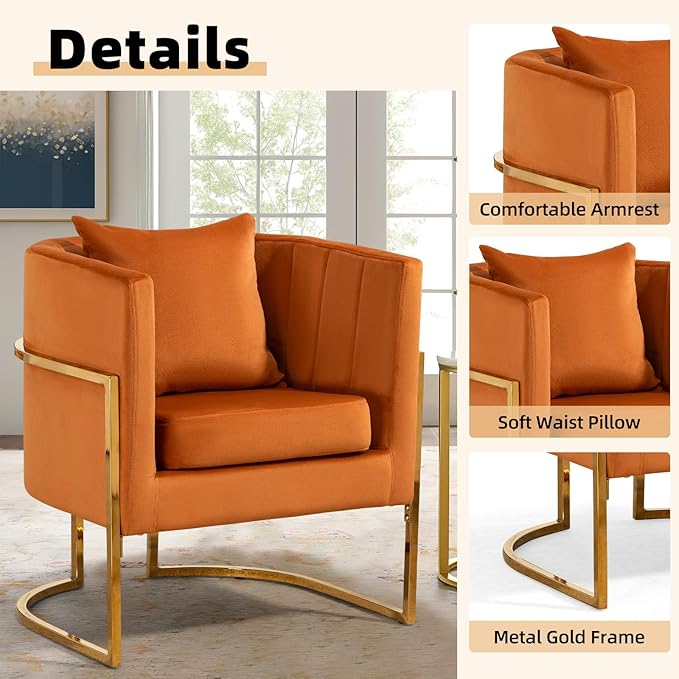 Velvet Modern Accent Chair Upholstered Barrel Armchair Mid Century with Pillow for Living Room Comfy Single Vanity Chair with Metal Gold Legs for Bedroom Orange