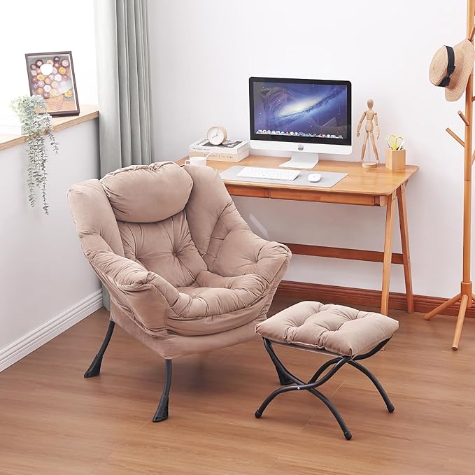 Lazy Chair and Ottoman Large Velvet Brown Accent Chair with a Side Pocket Modern Leisure Upholstered Sofa Reading Armchair with Footrest for Office Bedroom Living Room Dorm Rooms Balcony