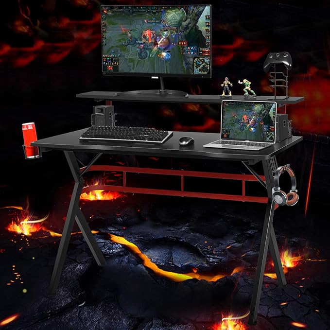 Tangkula Gaming Desk Professional Gamer Workstation with Cup Holder Headphone Hook Handle Rack Ergonomic PC Gaming Table with Monitor Stand E Sports Computer Desk Table for Home Office (Black)