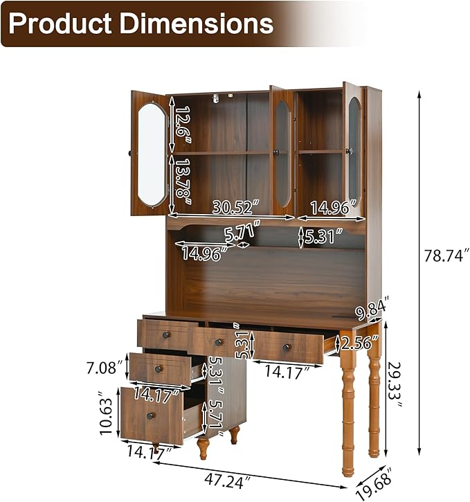 47'' Retro Home Office Desk with Charging Ports and Hutch Cabinet Wooden Executive Computer Desk with 5 Storage Drawers and Transparent Glass-Door Bookshelf for Home Office Bedroom (Walnut-04)