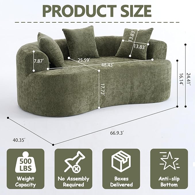 67” Green Curved Loveseat Sofa Luxury Plush Chenille Curved Couch with 3 Throw Pillows &amp Extra Wide Armrests Comfy Upholstered Oversized Loveseat Couch &amp Sofa for Small Spaces No Assembly N