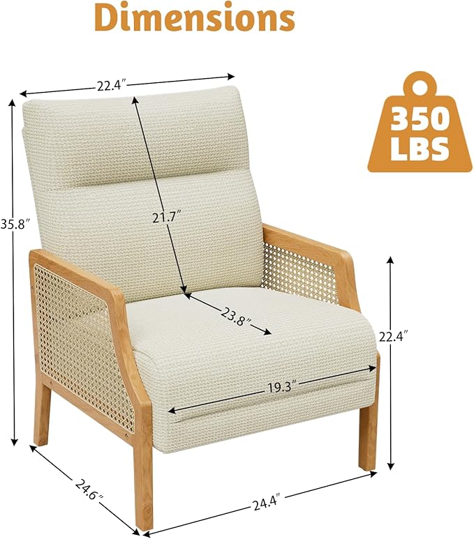 Rattan Accent Chair Set of 2 Mid Century Modern Armchair with Back Cushions and Ash Wood Legs Arm Chair for Living Room Beige