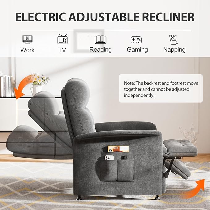 Power Recliner Chair for Adults with Heat &amp Massage - Soft Fabric Electric Reclining Sofa with Remote Control 3 Side Pockets 180° Lay Sleeper for Living Room Home Theater Dark Grey