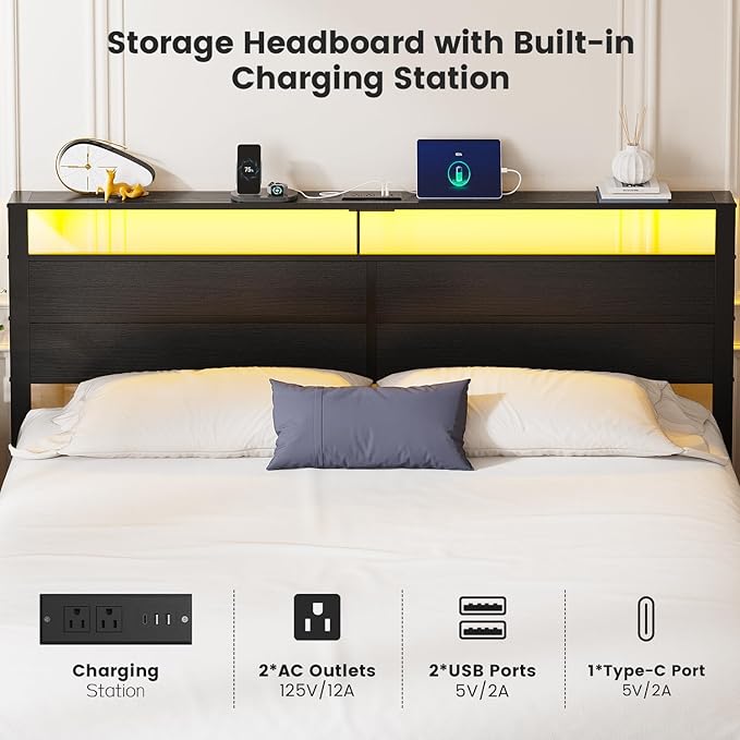 King Size Bed Frame with LED Lights &amp Charging Station Black Metal Platform Bed with Wood Headboard and Sturdy Slats No Box Spring Needed
