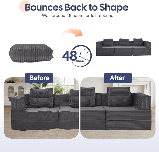 COMAX Futon Sofa Bed 3 Seater 106 Convertible Sofa Bed Couches for Living Room 4 in 1 Folding Boneless Sleeper Corduroy Couch Foam in a Box Comfy Foldable Lounge Fold Out Floor Mattress Grey