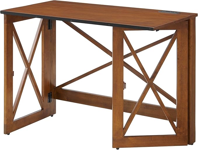 MECO Stakmore 110 Volt Stylish Versatile Expandable Folding Desk with Built in Outlets for Home Office Den or Living Room Fruitwood