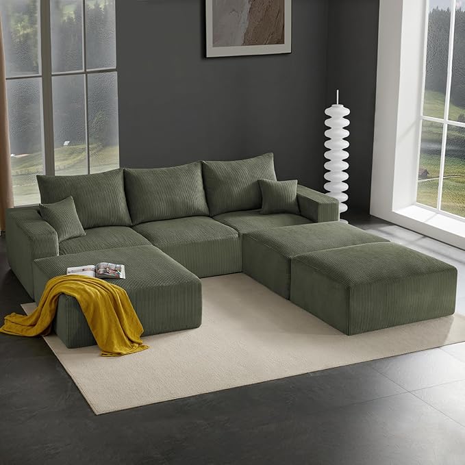 113 Modular Sectional Couch Cloud Boneless Sofa with Deep Seats Upholstered Corduroy Sofa Bed with Loung Chaise 3-Seater Couches for Living Room No Assembly Required Green