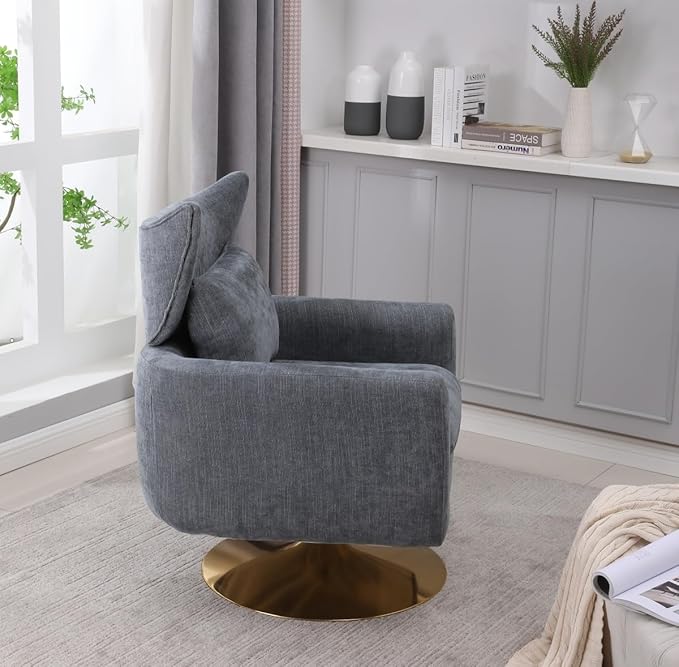 Swivel Accent Chair Armchair Classic Mid-Century 360 Degree Swivel Sofa ChairUpholstered Accent ChairTeddy Fabric Leisure Chair for Living RoomBedroom Office (Blue-Grey + Linen)