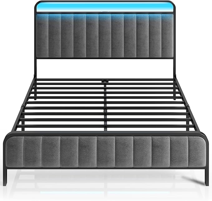 Rolanstar Full Size Bed Frame with LED Light and Charging Station Upholstered Headboard and Footboard Metal Slat Noise Free Easy Assembly Dark Gray