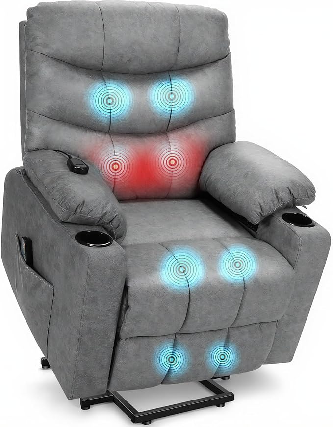 Homdox Power Lift Recliner Chair for Elderly Heavy Duty Electric Lift Reclining Sofa with Remote Control Assist Function Heated Massage and Side Pockets Ideal for Living Room (Grey)