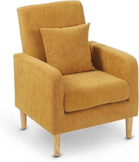 Upholstered Sofa Chair with Pillow Fabric Accent Armchair with Wooden Legs Comfy Lounge Chair for Living Room Bedroom or Office Supports up to 300 lbs (Yellow)