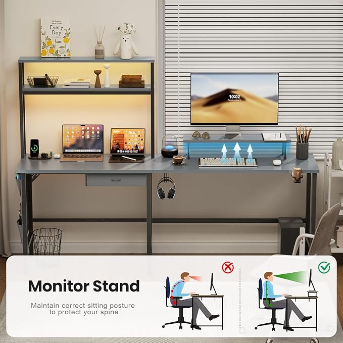 HLDIRECT L Shaped Desk with LED Light &amp Power Outlet 59 Inch Reversible Corner Gaming Desk with Storage Shelves &amp Drawer Computer Table with Monitor Stand Home Office Work Study Gray