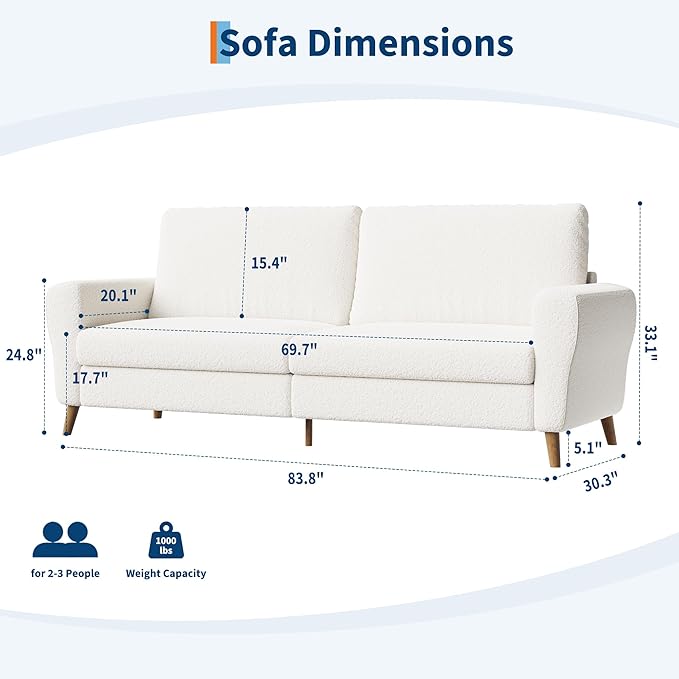 GarveeHome 84 in Sofa Couch Large Loveseat Sofa with Wide Armrests Deep Seats &amp Wood Feet 3 Seater Modern Boucle Sofa Comfy Couches for Living Room Bathroom Small Spaces White