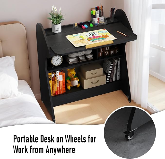 Pmnianhua Portable Mobile Desk on Wheels with Adjustable Angle TaletopHome Office DeskRolling Computer Desk with Wheels and Storage for Home Office Small Space(Black)