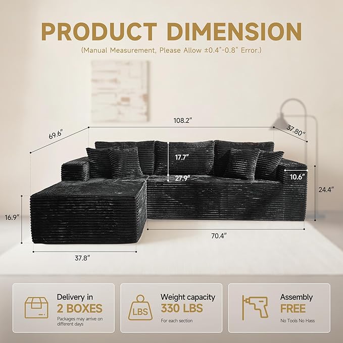 108 Modular Cloud Sofa High-Density Foam Sectional Couch Oversized Convertible L-Shaped Sofa Bed with Plush Fabric Deep Seats Wide Armrests Boneless Couches for Living Room Black
