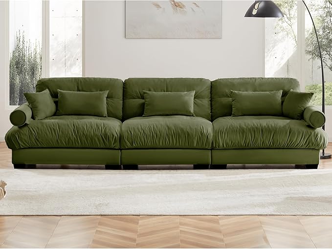 Extra Large 3-Seat Modern Velvet Sofa with Olive Green Vintage Fabric Cloud-Like Comfort Waist &amp Throw Pillows Included