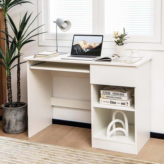 Tangkula White Desk with Drawer Wooden Computer Desk with Pull-Out Keyboard Tray &amp Adjustable Storage Shelves Modern Laptop PC Desk with CPU Stand Writing Study Desk for Bedroom (White)