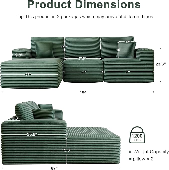 104 Modular Sectional Sofa with L-Shape Chaise Modern Upholstered Cloud Couches for Living Room Bedroom No Assembly Required Green