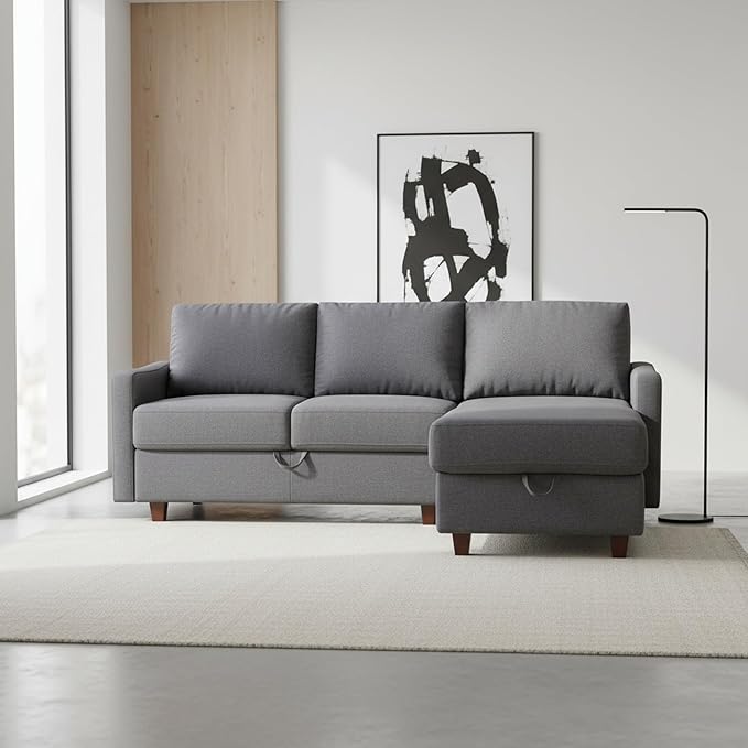 Sectional Sofa with Storage – Modern Upholstered Living Room Couch Reversible Chaise for Home Apartment Office 81.9” L Dark Grey