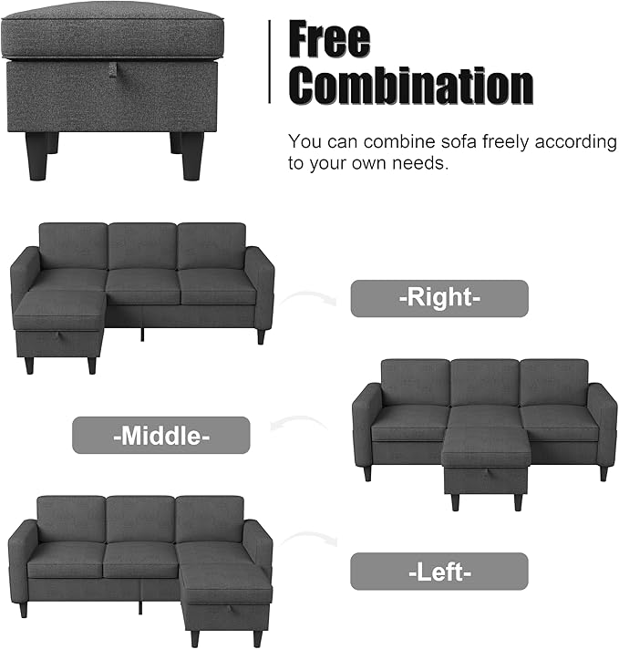 ZeeFu Couch for Living Room - 78'' Beige Linen 3 Seat L-Shaped Sectional Sofa Couches with Storage Ottoman - Modern Small Space Upholstered Furniture Sofa Set for Office Small Space Apartment
