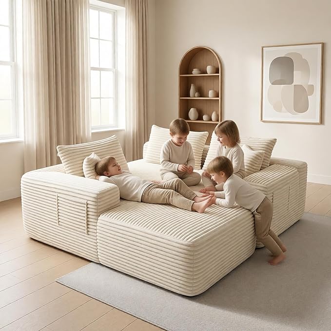 Compressed Modular Sectional Sofa L Shaped Flexible Cloud Boneless Couch for Living Room 3 Seat Upholstered Sofa with Chaise Lounge Deep Seat No Assembly Required Cream White