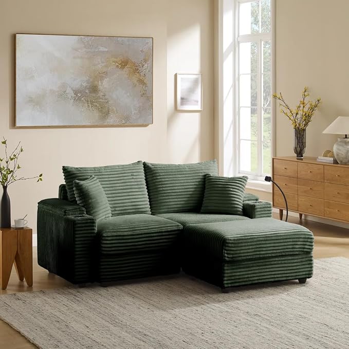 69.5 Modular Sectional Sofa L-Shaped Couches for Living Room Comfy Cloud Couch with Ottoman Convertible 3 Seats Deep Seat Sofas Green Corduroy Couch with Charger Cup Holders &amp Armrest Storag
