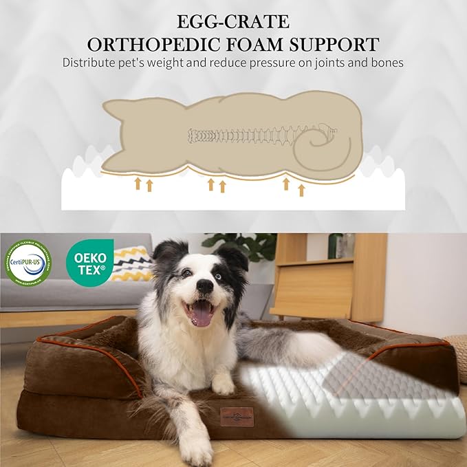 Comfort Expression Orthopedic Dog Bed for Extra Large Dogs 53x42 Inch Waterproof Egg Crate Foam XXL Pet Bed with Removable Bolsters Dog Couch with Washable Cover &amp Non-Slip Bottom Dark Brown