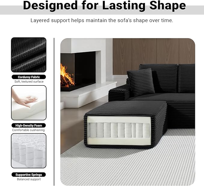 150 Inch Modular Sectional Sofa Couch Oversized Modern Cloud Couch for Living Room U Shape Couches with 2 Ottomans USB Ports and Cup Holders Black Corduroy Boneless Sofas Sofa in a Box