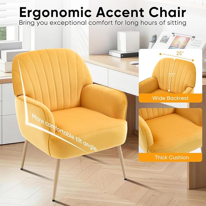 Velvet Accent Chair Mid Century Modern Accent Chairs for Living Room Comfy Upholstered Armchair with Metal Legs for Bedroom/Apartment/Office/Waiting Room Yellow