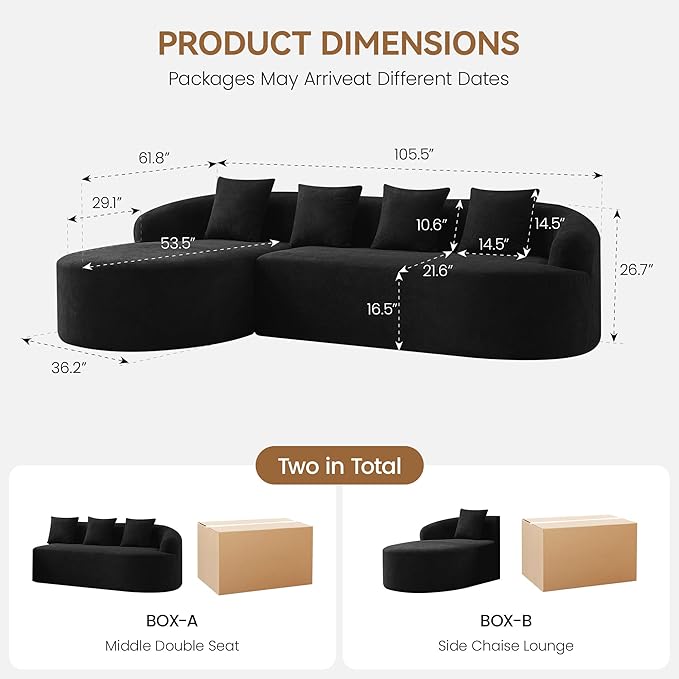 105 Boneless L Shaped Sectional Couch Curved Cloud Deep Seat Sofa with Chaise Lounge Oversized 4 Seater Couches for Living Room No Assembly Chenille Black