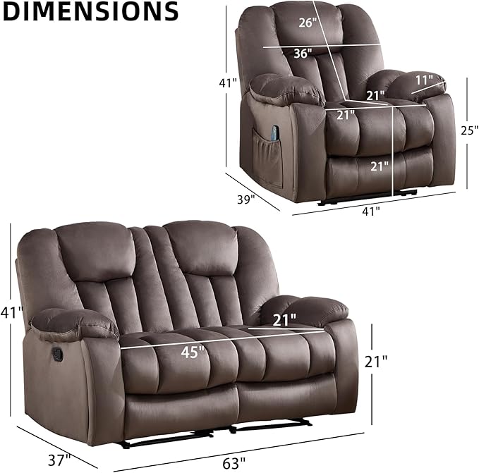 CANMOV Manual Recliner Sofa Set-Soft Fabric Reclining Living Room Sets Single Chair and Love Seating Massage Heated Recliner Couch with Cup HoldersSide Pocket for Adults Elderly Dark Brown