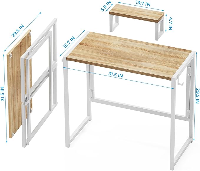 GreenForest Folding Desk with Monitor Stand 31.5 Inch Foldable Computer Desk with Hook and Storage Sturdy Small Space-Saving Writing Work Table for Home Office Dorm Oak