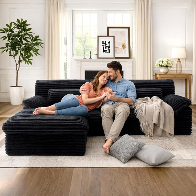 Modular Sectional SofaBoneless Couch for Living Room3 Seat L-Shaped Cloud Sectional Couch with Double-Layer Thickened Deep SeatComfy Corduroy Fabric Sofa Bed72h ReboundBlack