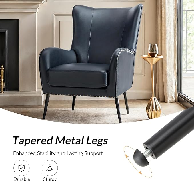 Upholstered Faux Leather Accent Chair with Black Metal Legs Comfy Armchair with Removable Cushion &amp Nailhead Trim Wingback Vanity Chair for Reading Living Room Bedroom