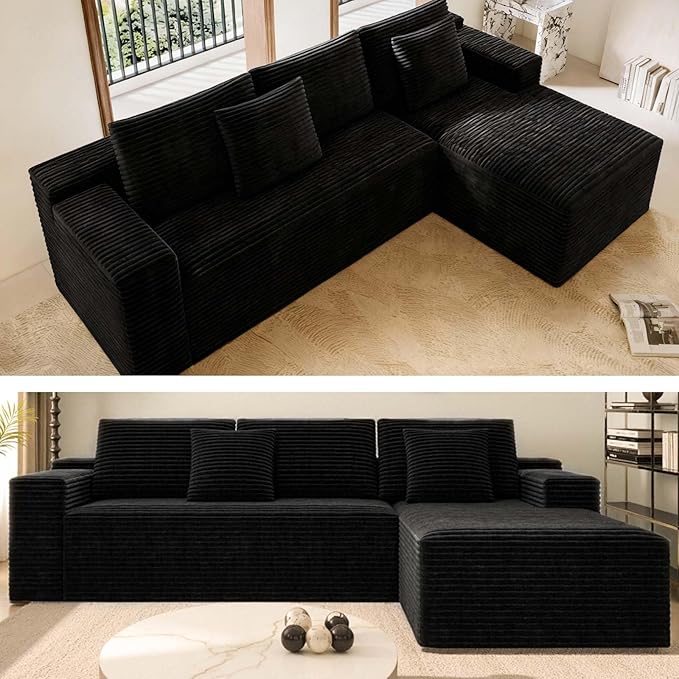 104 Black Boneless Couch with Chaise Sectional Couches for Living Room L Shaped Couch 4 Seat SofaCompression Sofa for Bedroom Comfy No Assembly Corduroy (Black Right)
