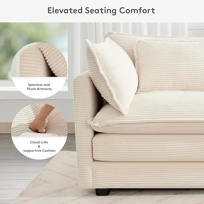 ROWHY 150'' Modular Sectional Cloud Couch 7 Seater Corner Sofa Big Comfy Corduroy V Shaped Couch with 4 Throw Pillows Convertible Chaise Ottoman Couches for Living Room Office Beige