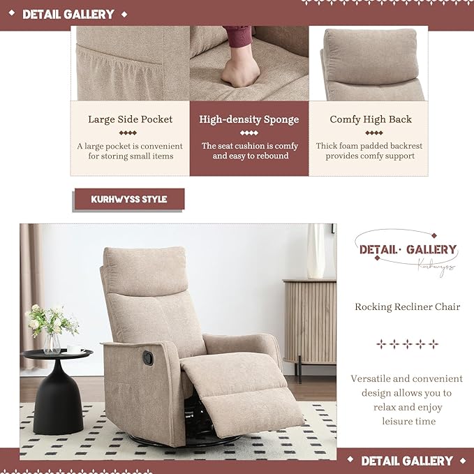 Rocking Recliner Chair with Heat and Massage 360° Swivel Glider Rocker with Reclining Backrest and Footrest Modern Nursery Rocking Chairs for Adults for Bedroom Living Room Office (Khaki)