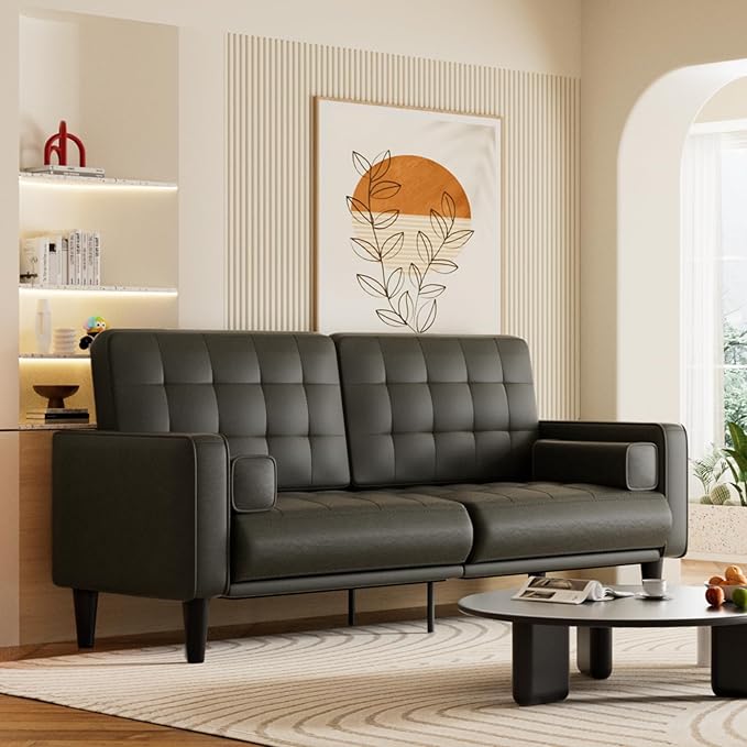 70” Mid-Century Modern Couch Breathable Faux Leather Couch with Upholstered Cushions/Pillows Loveseat Sofas &amp Couches for Living Room (Black)