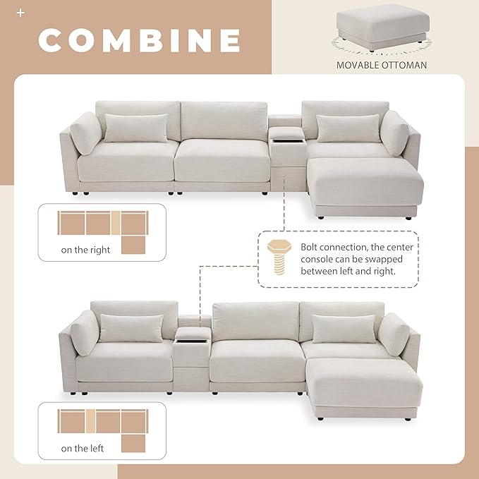 124'' Modular Sectional Sofa with Storage Console and Movable Ottoman 33'' Wide Seat 4 Seat L Shaped Chenille Couch Reversible Comfy Sofa with USB Charger for Living RoomApartment (Beige-K003)