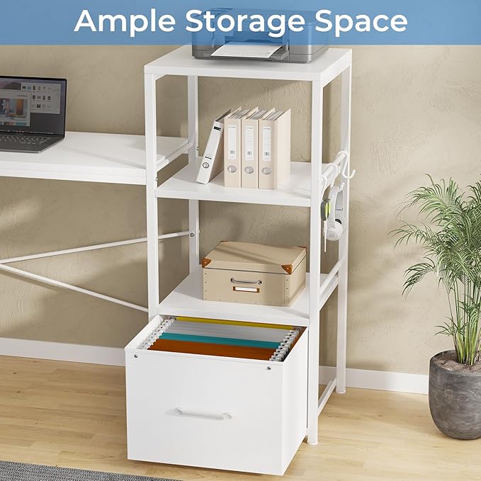SEDETA White L Shaped Desk with Fabric Drawer Reversible 51” Corner Desk with Storage Shelves L Shaped Gaming Table with LED Strip Power Outlet and Monitor Shelf for Home Office