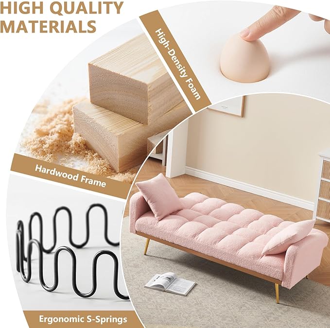 Teddy Futon Sofa Bed69 Modern Small Love Seat Couch for Small SpacesConvertible Tufted Sleeper Sofa Loveseat Couch Bed with Gold Metal Legs for Living RoomBedroomApartment (Teddy Pink)