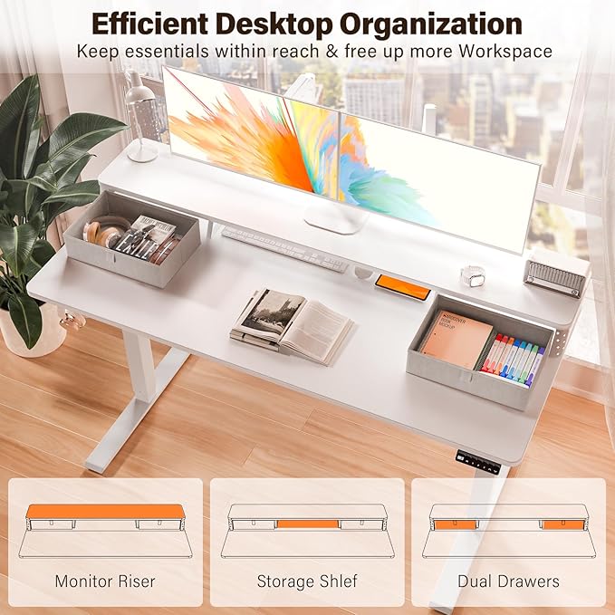 Kingant 55 x 24 Inch Electric Standing Desk with Dual Drawers Height Adjustable Sit to Stand Computer Desk with Storage Shelf and C-Clamp Mount Compatibility for Home Office White