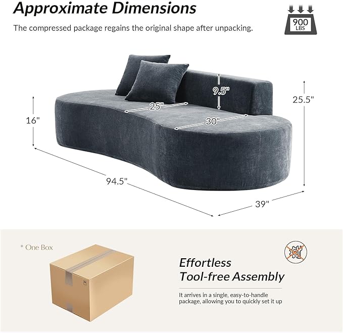 94.5 Boneless Sofa with 2 Pillows 3 Seater Compressed Foam Sofa with Half Moon Design &amp Deep Seat No Assembly Required Modern Cloud Couch for Living Room Blue