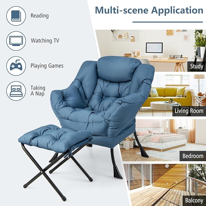 Giantex Lazy Chair with Ottoman Accent Sofa Chair with Folding Footrest Side Storage Pocket Upholstered Leisure Lounge Armchair with Stool for Bedroom Living Room Office Blue
