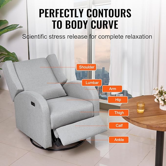 Happybuy Electronic Power Recliner and Swivel Glider 250 lbs Weight Capacity Swivel Glider Recliner Chair with USB Port Polyester Surface Ideal for Living Room Bedroom Light Gray